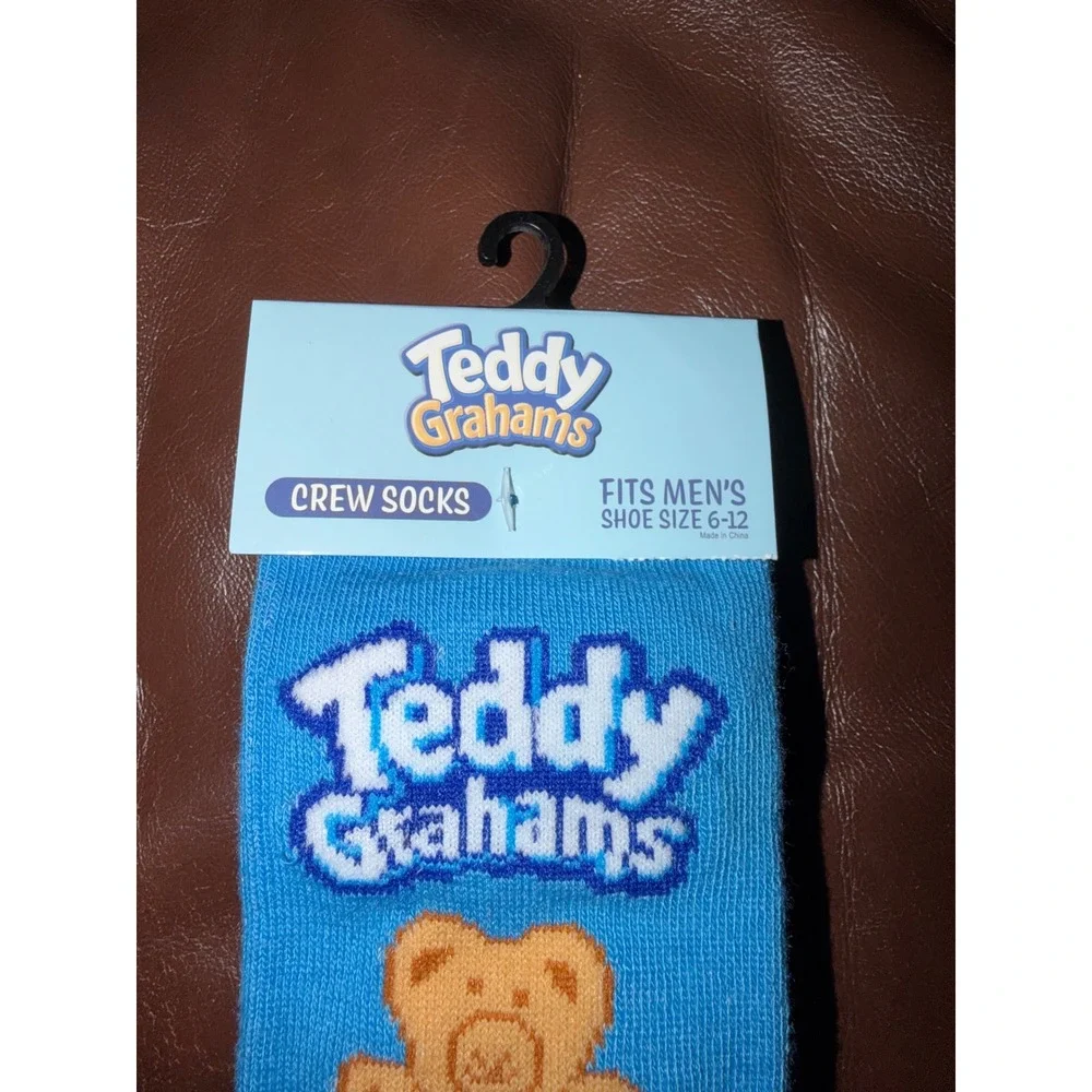 Teddy Grahams Crew Socks Fits Men Shoe Size 6-12 Blue Yellow Bear Novelty
